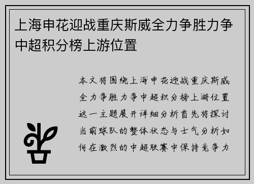 上海申花迎战重庆斯威全力争胜力争中超积分榜上游位置